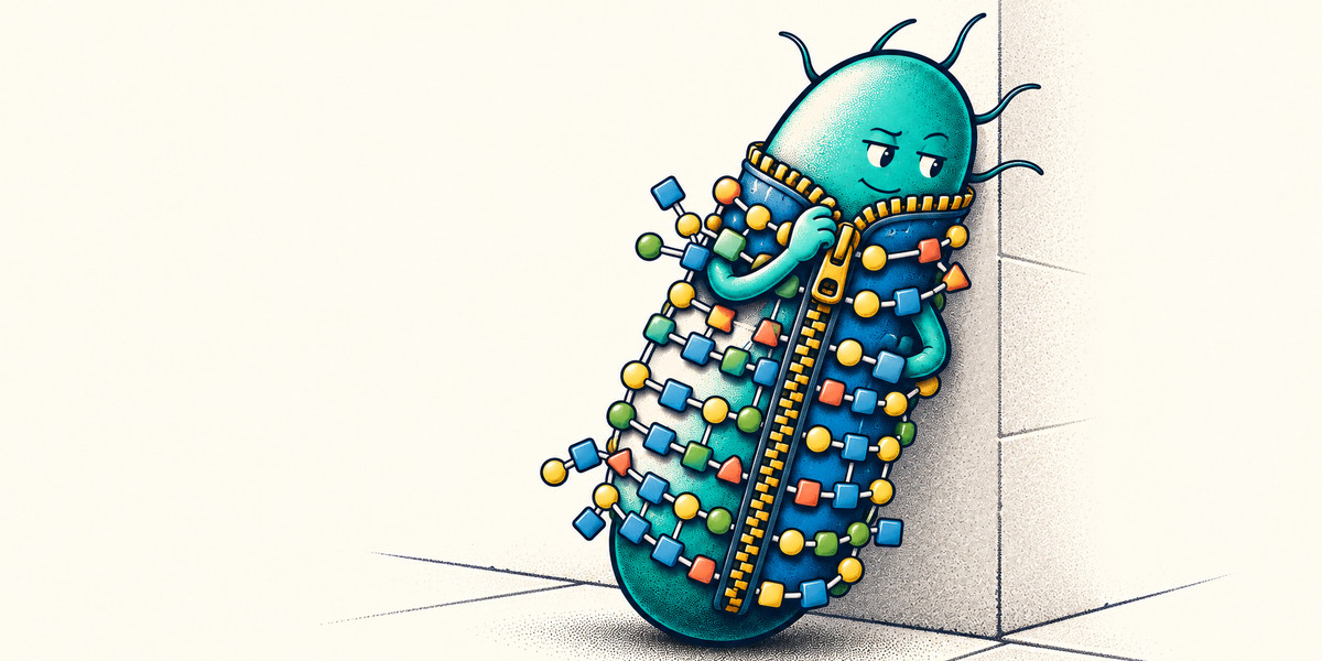 Cartoon of a rod-shaped bacterium leaning in a corner, zipping itself into a coat of glycan chains drawn as coloured sugar symbols