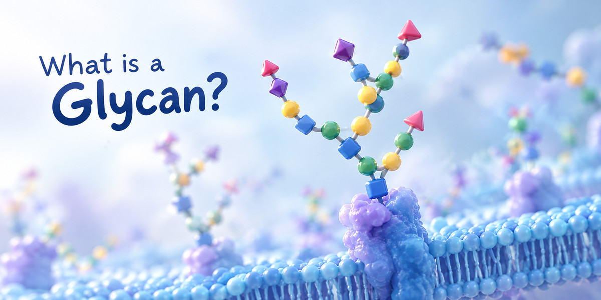 Illustration titled What is a Glycan?: branched glycan chains of coloured sugar symbols on a protein in a cell membrane